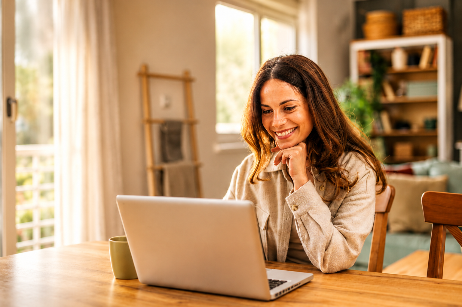 Vrouw die een online Spaanse les volgt op haar laptop